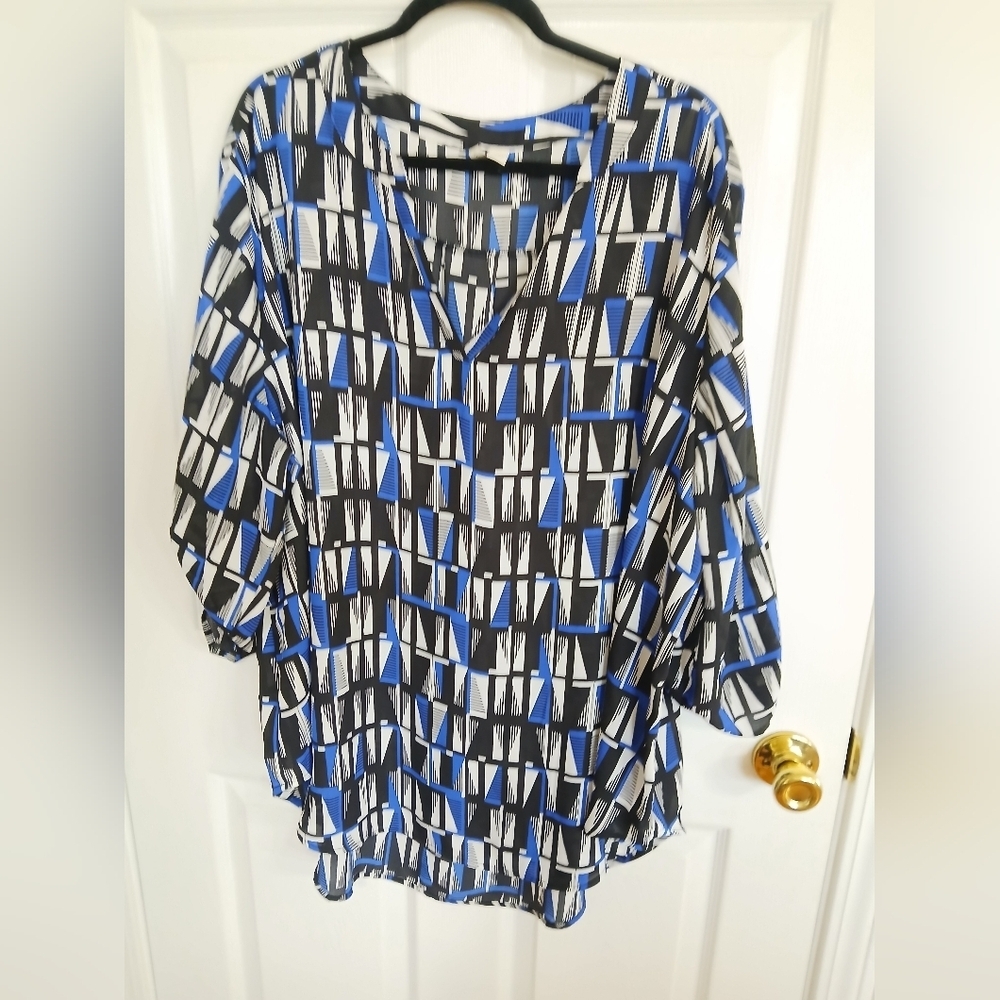 Geometric Print Blue and Black V-Neck Women's Top Boho Aztec Plus Sized Sheer